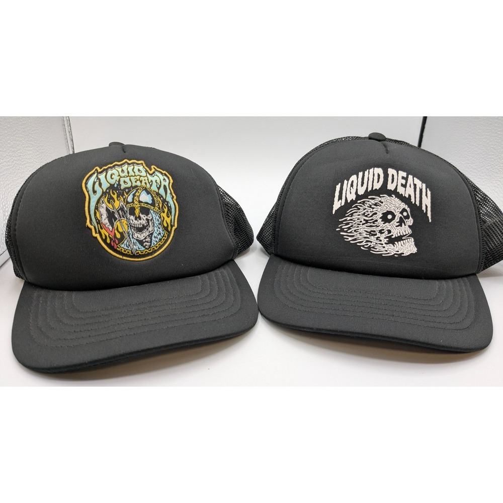 Liquid Death Hat Cap Trucker Snap Back Skeleton Adjustable Mesh Mens Lot of 2